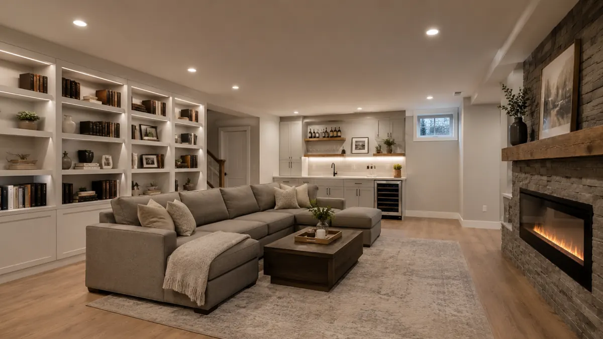 Finished basement family room with luxury vinyl plank floor, recessed lights and insulated walls in a Massachusetts home