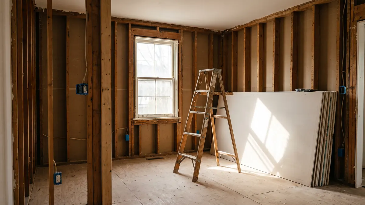 Open bathroom wall framing with new plumbing rough-in ready for inspection in a Massachusetts home