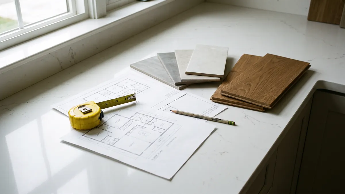 Homeowner and contractor reviewing a written remodeling plan at a kitchen table in a Greater Boston home
