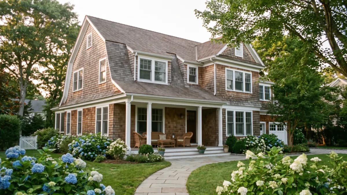 Large colonial and Victorian single-family homes with mature trees on a residential street in Newton, Massachusetts